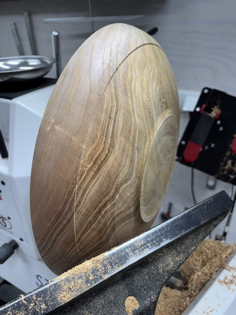 Schaal van iepenhout. Is in juni 2024 voorgedraaid. In maart 2025 afgedraaid